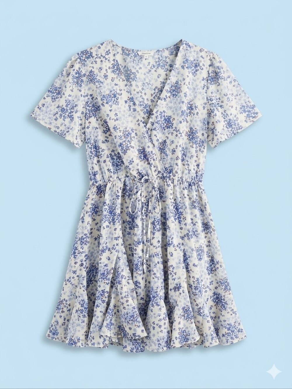 White and Blue Floral Tie-Waist Mini Dress